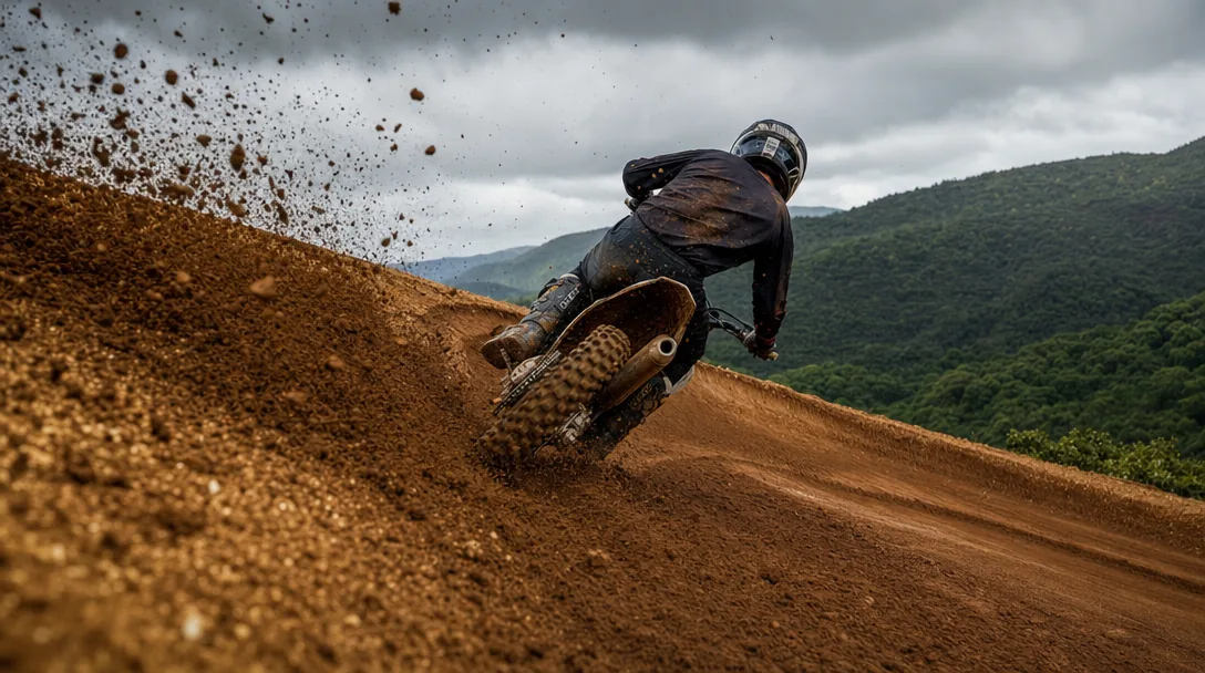 Piloto contornando um berm de terra, jogando barro
