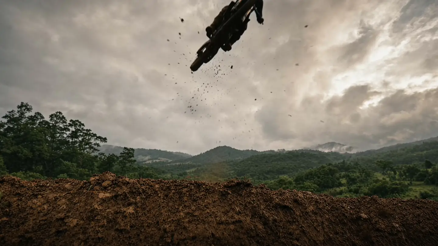 Piloto de motocross saltando sobre um barranco de terra, com o Vale ao fundo