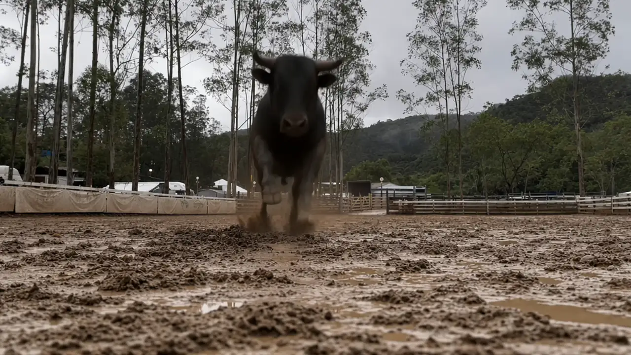 Boi correndo na arena de rodeio da Fazenda Silva Neto